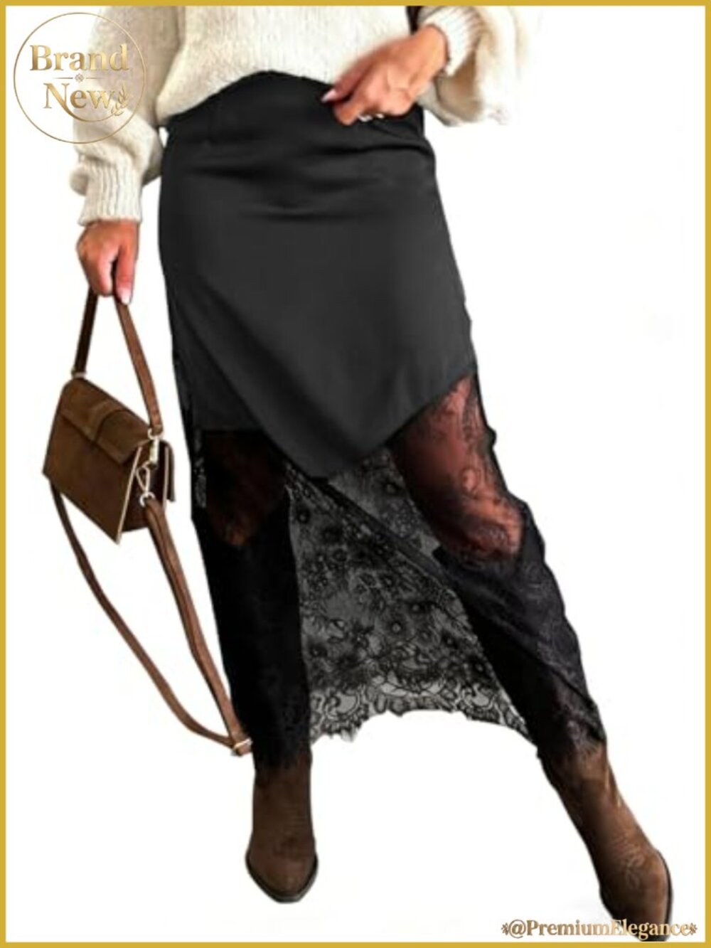 Women's Long Lace Skirt Satin Silky Elastic Waist Sheer Patchwork A-Line Boho